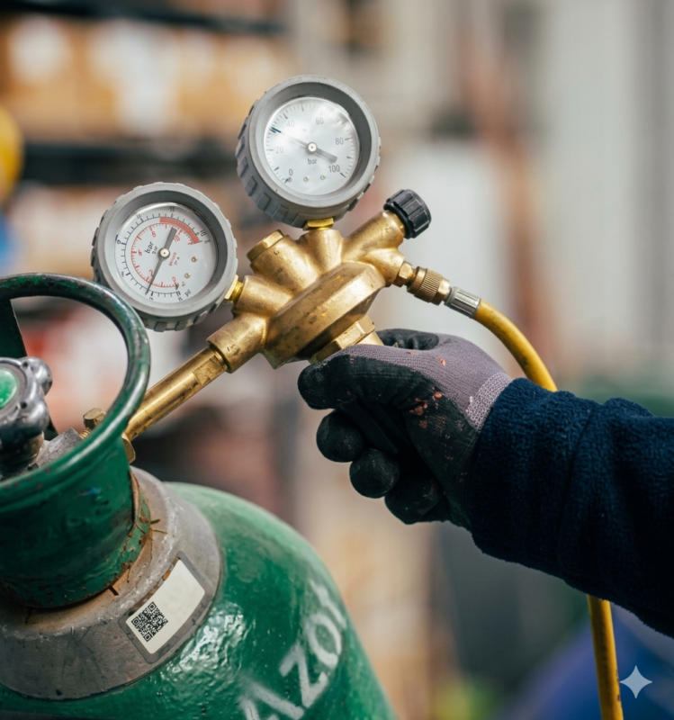 industrial brass gas regulator with pressure gauges connected to LPG cylinder for gas system control