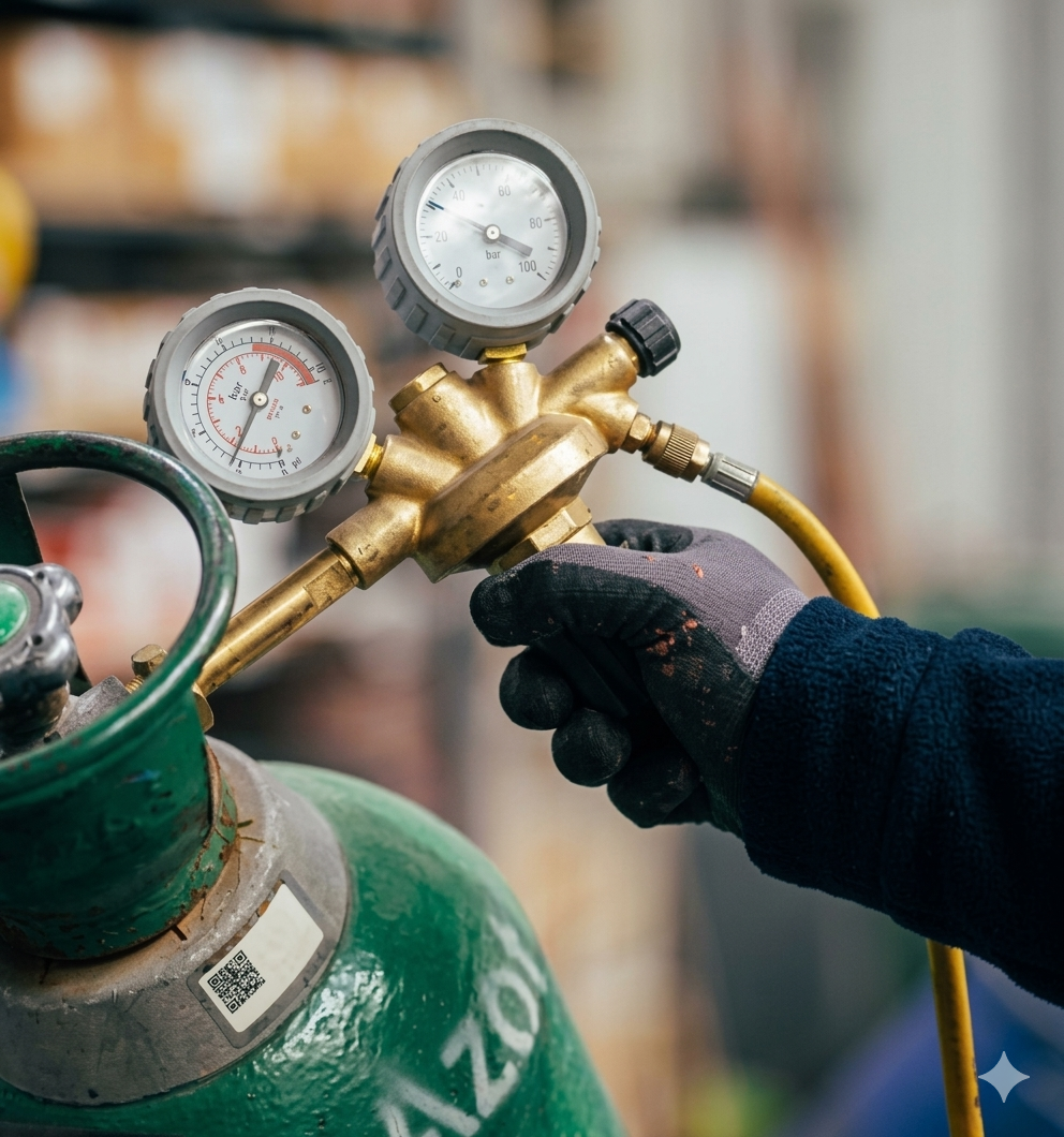 industrial brass gas regulator with pressure gauges connected to LPG cylinder for gas system control