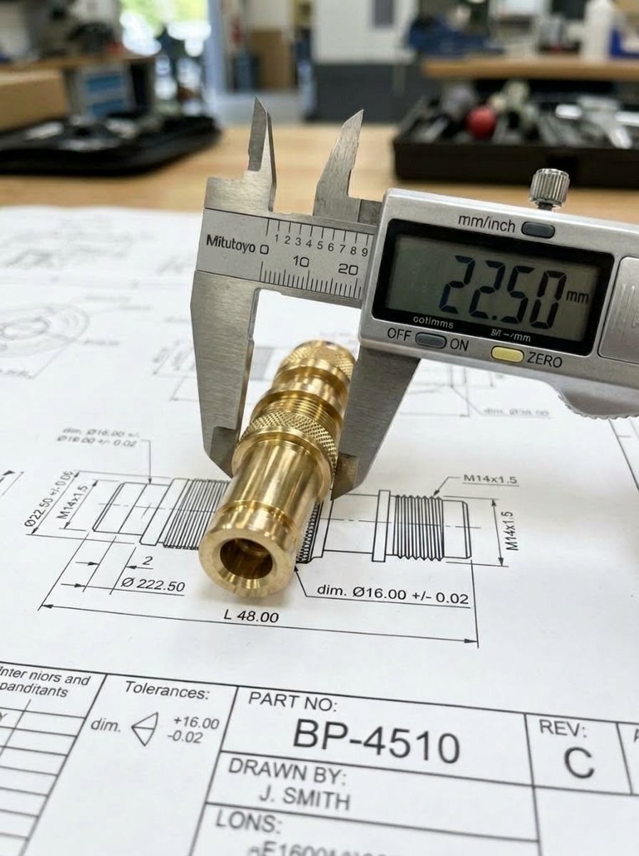 Quality control inspection of a custom CNC machined brass precision component being measured by a digital caliper on an engineering blueprint.