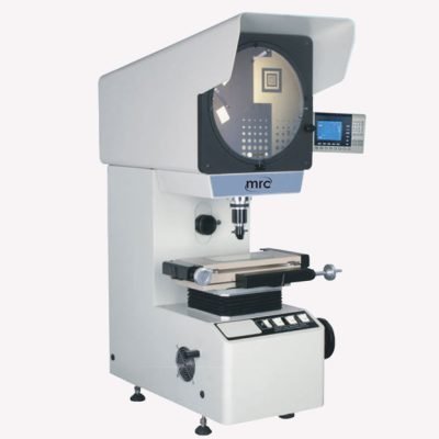 Quality assurance technician using an optical profile projector to analyze the complex geometry and thread accuracy of a custom brass component.