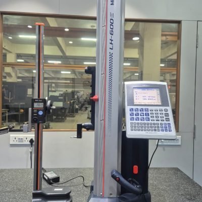 QA inspector using a precision height gauge on a calibrated surface plate to measure the vertical dimensions and step heights of a custom CNC machined component.